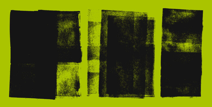 Stamp ink imprint grange texture vector set. Handmade linocut monotype printmaking effect texture set on olive green background. Authentic acrylic ink paint stamps with dull noise grainy edges.