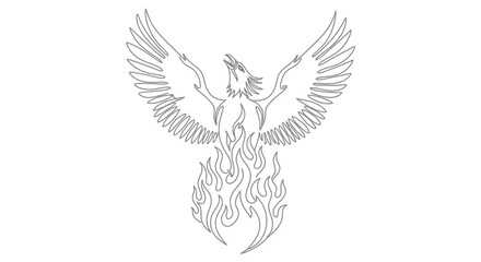 Fototapeta premium Phoenix Rising from Flames, Mythical Bird Line Art Illustration