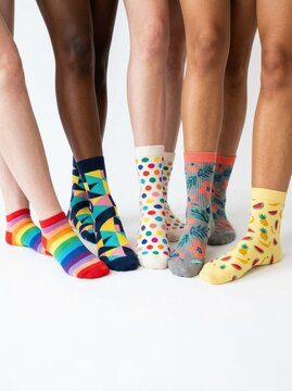 A group of diverse people stand closely together, each wearing a pair of colorful patterned socks.