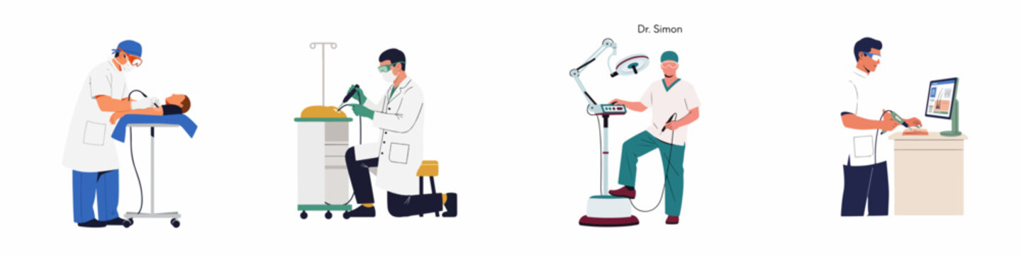Collection of flat vector illustrations depicting various stages and types of professional hair transplant and dermatological medical procedures in a clinic.
