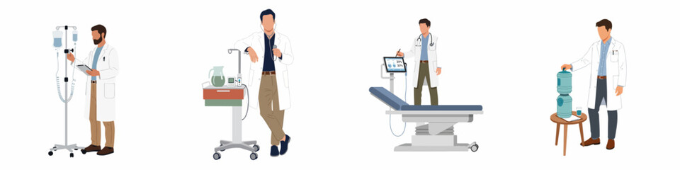 Fototapeta premium Set of illustrations showing male doctors in white coats performing various healthcare duties, using medical equipment like IV stands and examination tables.