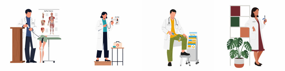 Collection of flat illustrations showing doctors and healthcare professionals demonstrating how to use epinephrine auto-injectors for emergency allergy treatment. © Reno
