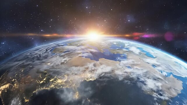 Stunning View of Earth from Space with Sunrise Over Europe.