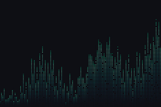 Teal and blue gradient dots forming abstract bar chart on dark background, data