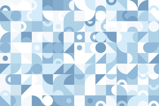 Geometric pattern of blue and white circles, arcs, and triangles abstract