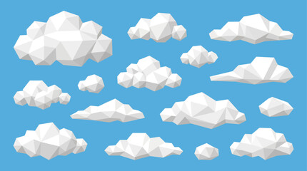 Fototapeta premium Collection of fluffy white clouds in various shapes and sizes against a bright blue sky for design and decoration purposes ideal for weather forecasting or atmospheric concepts.