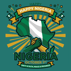 Obraz premium Vibrant vector illustration Nigeria Independence Day, large waving Nigerian flag combined with stylized map of Africa.eps
