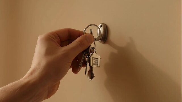 Hand Holding House Keys On A Ring Reaching For A Wall Hook With Soft Warm Lighting And Beige Wall Background