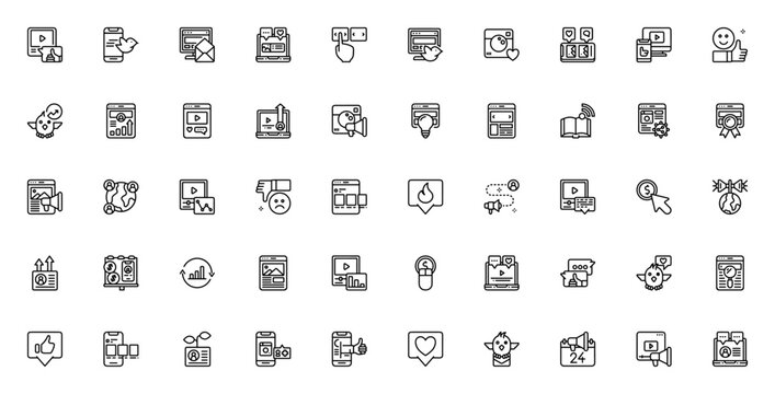 Social marketing icon set. Minimalist icons pack. Includes symbols for video player, Twitter, Instagram, ads, analytics, likes, and more. Editable vector stroke.