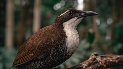 Fototapeta premium Close-Up of a Brown Bird with White Throat Perched on a Branch in a Lush Green Forest Environment Displaying Intricate Feather Patterns