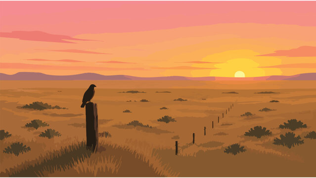 Serene Desert Sunset Vista with Bird on Fence Post - Commercial Landscape