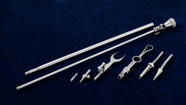 blowpipe. Polished blowpipe tools arranged on blue velvet with studio lighting. safety posters, maintenance manuals, designed for precision metalworking and fabrication facilities, used by engineers.