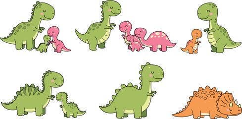 Cute Cartoon Baby Dinosaur Family Icon Set with T-Rex, Brontosaurus, Triceratops, and Various Dino Characters for Kids and Nursery Designs © MdMojnu