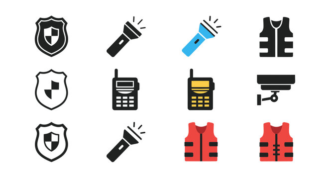 Security and Safety Icons: Shield, Flashlight, Walkie-Talkie, Vest, Camera