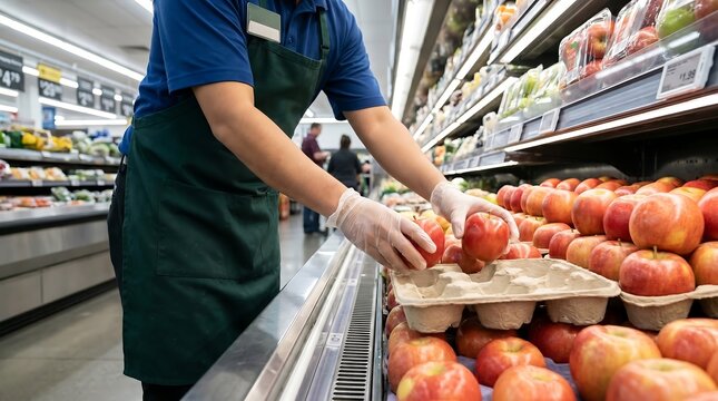 Supermarket worker restocking red apples, Grocery store employee arranging fresh produce, Retail clerk with gloves handling fruit on display