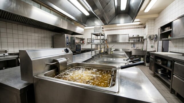 Professional deep fryer in commercial kitchen, Industrial kitchen with boiling oil, Stainless steel restaurant kitchen equipment