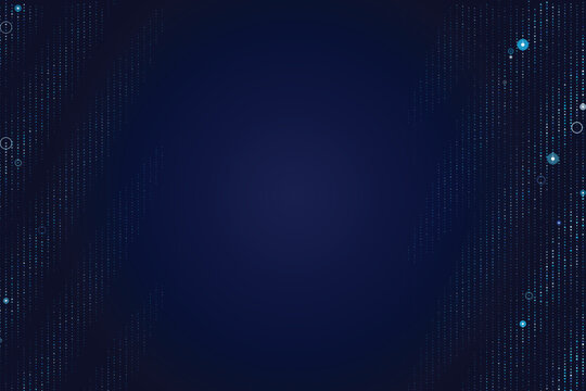 Digital data streams with blue and white circles on dark blue background, technology abstract