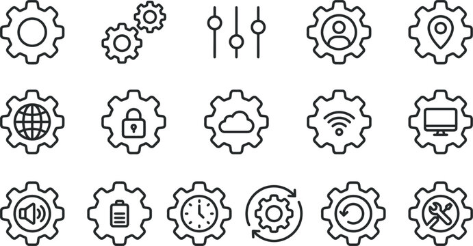 Collection of technology and settings icons in black outline style