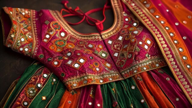 shockabsorber. Close-up of a traditional garment with intricate mirror work and silk embroidery. STEM education sheets, lab safety posters, designed for biotech research communications.