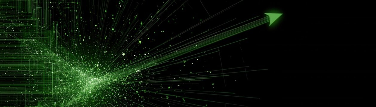 Futuristic green arrow with digital data explosion technology background