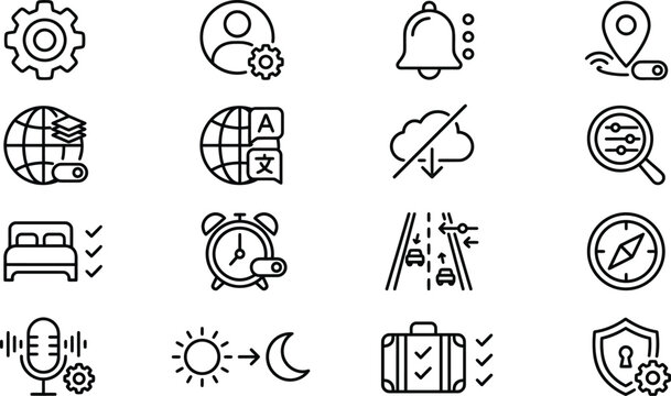 Set of line icons representing technology communication and travel concepts