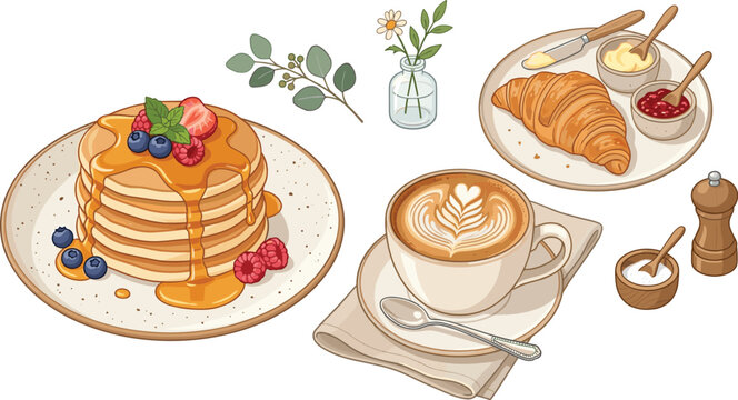 Delicious breakfast vector illustration set with fluffy pancake stack maple syrup latte coffee cup croissant jam and butter