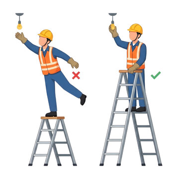 Unsafe Ladder Overreaching vs Correct Climbing Position Worker Safety Comparison Vector