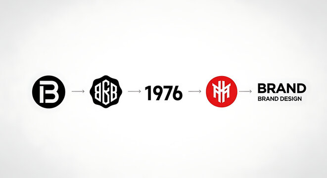 Evolution of a brand identity, showcasing logo changes and development over time