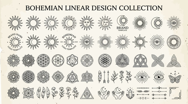 Bohemian Linear Design Collection: Sun, Moon, Geometric, Nature Elements