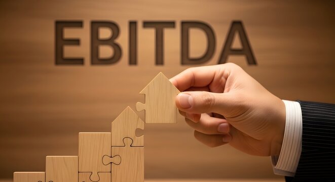 Businessman placing a wooden block on top of a staircase with EBITDA