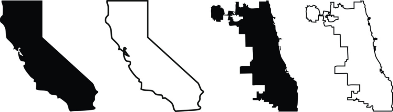 California and Chicago maps silhouette outline vector graphics