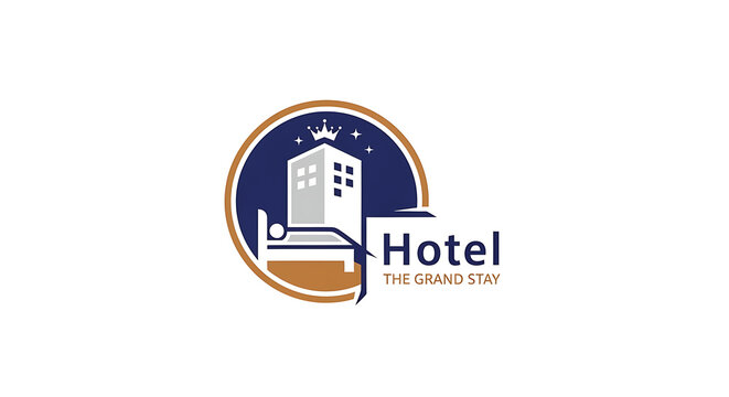 Elegant vector logo for a modern hotel, showcasing a majestic building and a comfortable bed, symbolizing premium hospitality, peaceful rest, and an exceptional guest experience