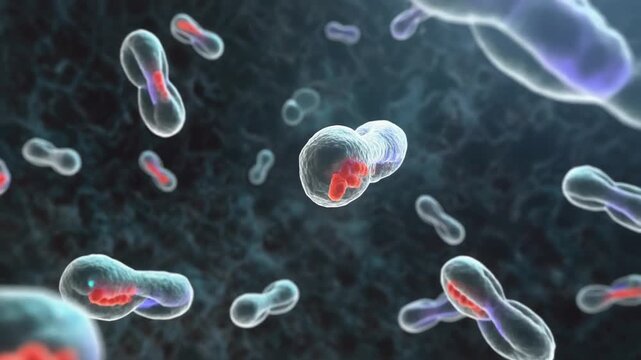Microscopic 3D rendering of bacteria dividing and multiplying in a cellular environment, depicting growth and reproduction