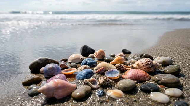 Colorful sea shells scattered on sandy beach with ocean waves background