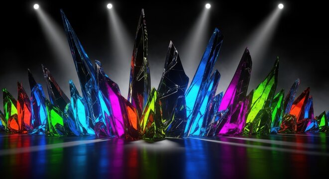 Illuminated Crystal Formation Displayed Under Spotlights