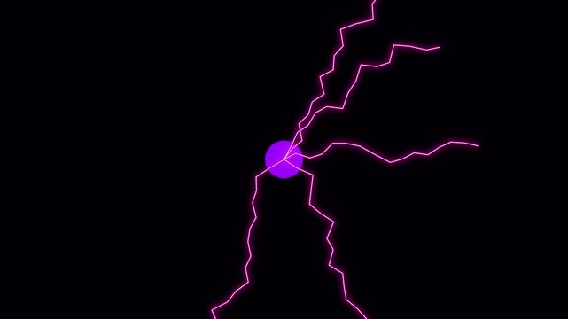 Abstract Animation of Purple Electric Bolts and Neon Lightning Discharging from a Central Sphere on Black Background