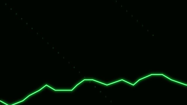 Green Glowing Financial Line Graph with Moving Binary Code Background - Digital Data Visualization and Technology Concept