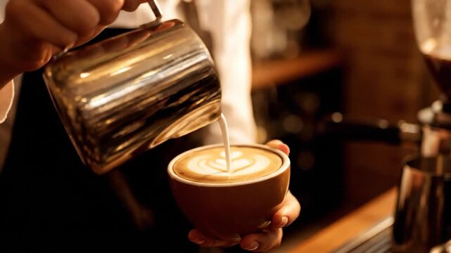 Barista pouring latte art into a coffee cup, making a delicious hot beverage in a cafe.