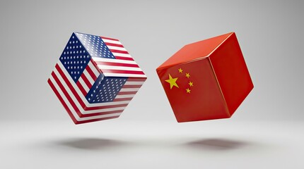 Naklejka premium Two glossy cubes featuring the national flags of the united states and china floating together in this crisp professional photograph