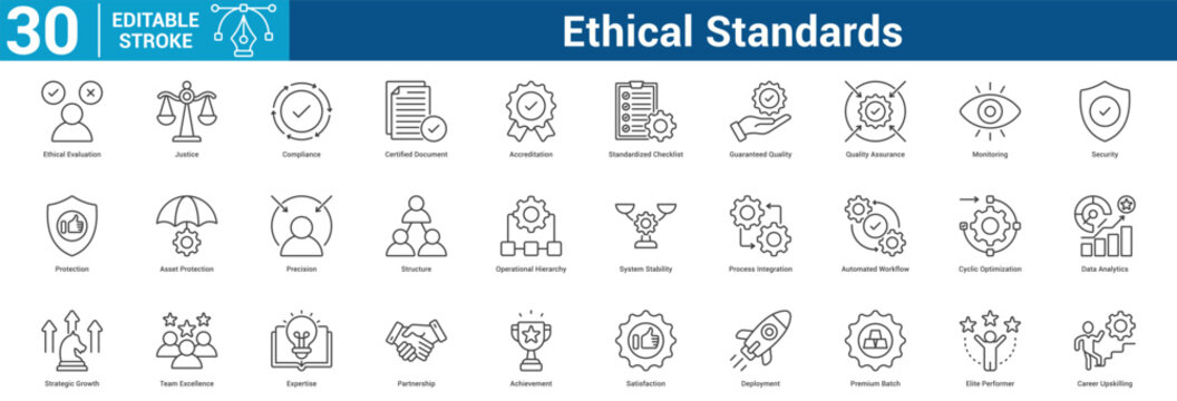 Ethical Standards editable icon set concept for business with icon of Ethical Evaluation, Justice, Compliance, Certified Document, Accreditation, Standardized Checklist, Guaranteed Quality, Quality A.