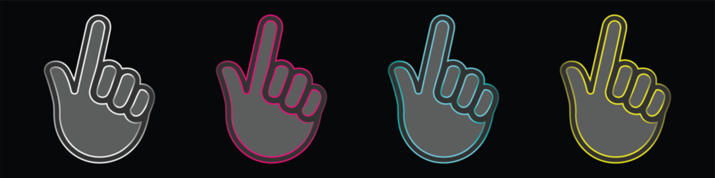 Four pointing hand cursor icons with vibrant neon outlines against a deep black background