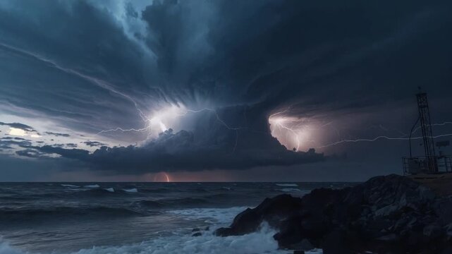 Massive Tornado Storm Forming Over Ocean During Tornado Watch