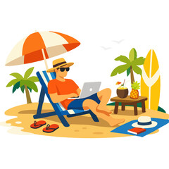 Fototapeta premium Beach Remote Worker Illustration in Minimalist Flat Vector Style