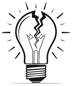 Broken light bulb with radiating light rays, symbolizing failed ideas or innovation