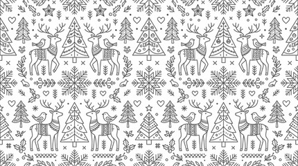 Obraz premium Seamless Christmas Pattern with Reindeer and Trees - Line Art Vector