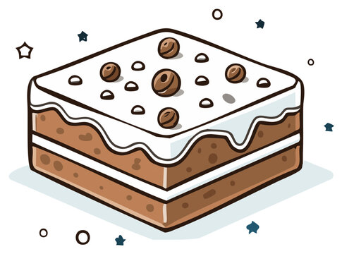 Cartoon brownie with white icing and chocolate chips, dessert illustration