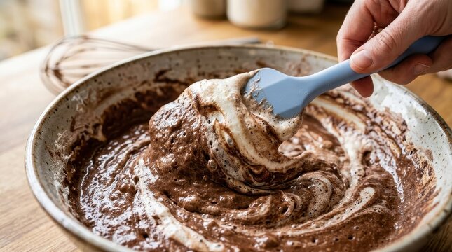 Mixing Chocolate Batter in a Bowl with a Spatula for Baking.