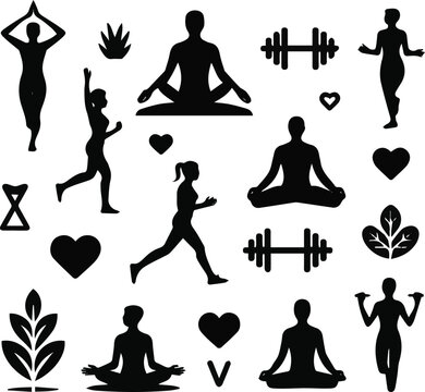 Isolated on Black and white of health and wellness concepts silhouettes vector art on white background