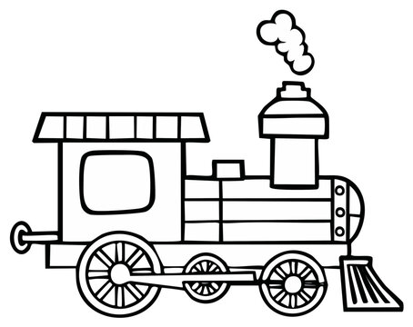 Simple train outline illustration with smoke stack for coloring book activity pages.