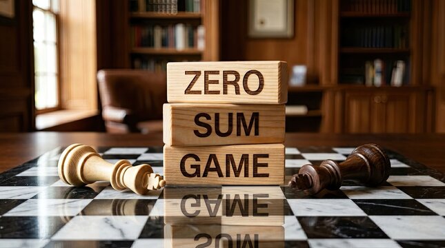 Wooden blocks with the text zero sum game stacked on a chessboard featuring two fallen chess kings in this photograph
